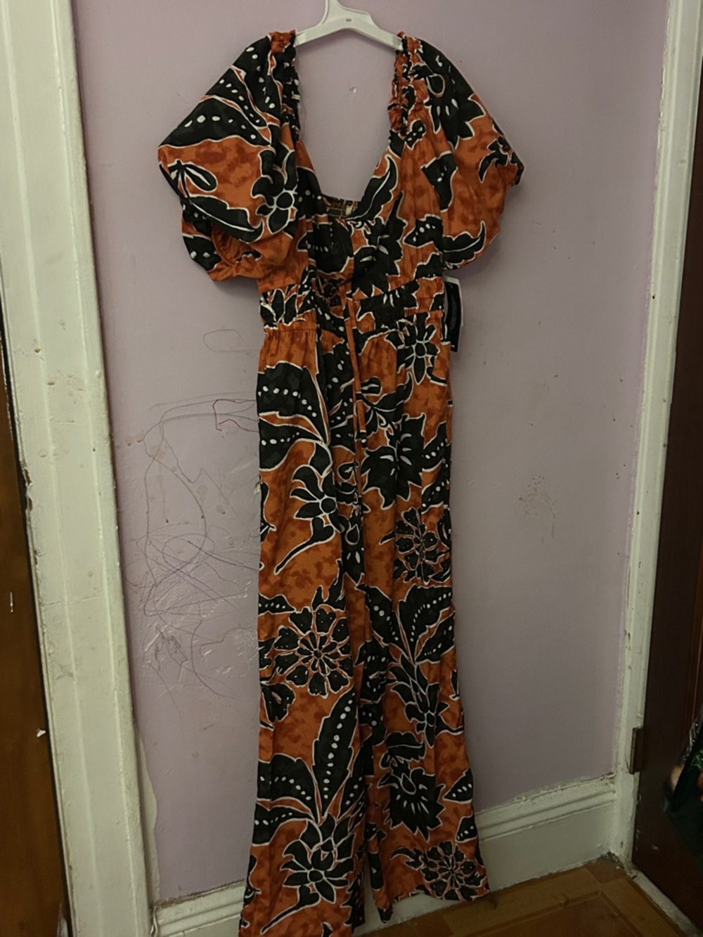 Blush Rust and Black Floral Puff-Sleeve Maxi Dress